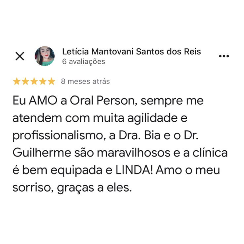 Depoimento Google da clínica Oral Person Campo Grande